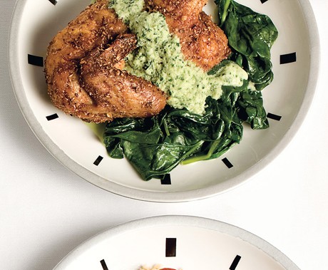 Spice-roasted Cornish hens with cucumber-yogurt sauce