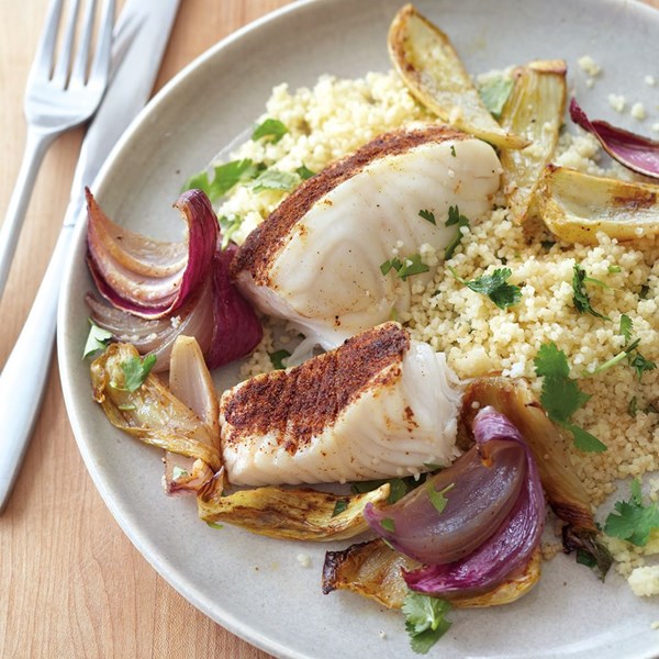 Spice roasted halibut with fennel and onion