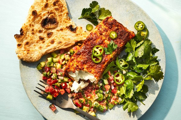 Spice-roasted halibut with herbs and tahini salad