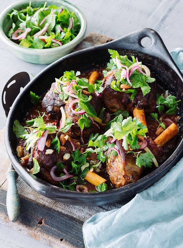 Spice roasted lamb shanks with herb, date and preserved lemon salad