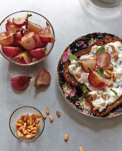 Spice roasted radishes and mint feta yogurt toast