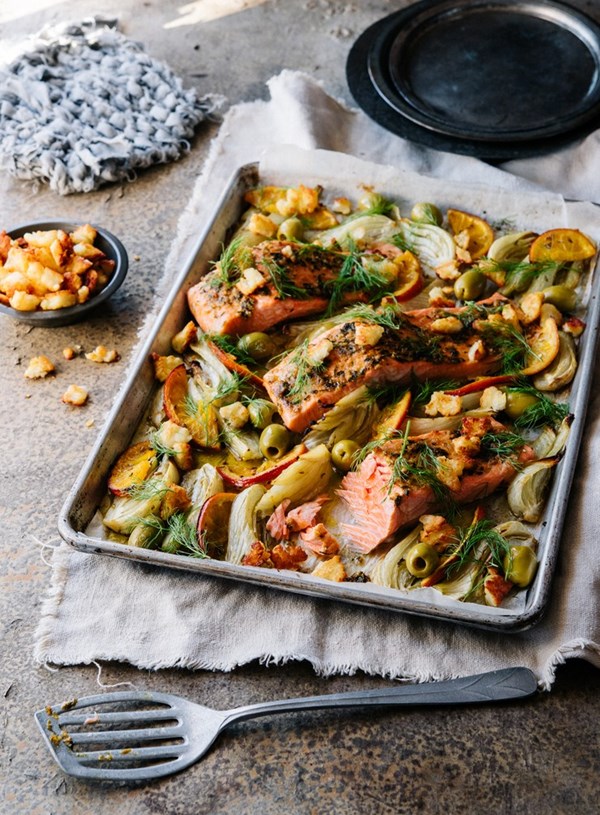 Spice roasted salmon with fennel, green olives and orange