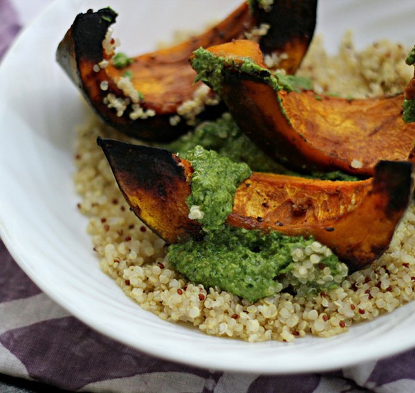 Spice-roasted squash with walnut-green harissa