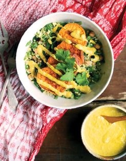 Spice route bowls with sweet potato coins, millet couscous, and golden curry pecan sauce