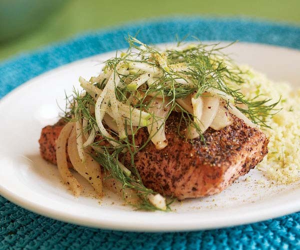 Spice-rubbed and sear-roasted salmon with honey-glazed fennel