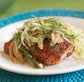 Spice-rubbed and sear-roasted salmon with honey-glazed fennel