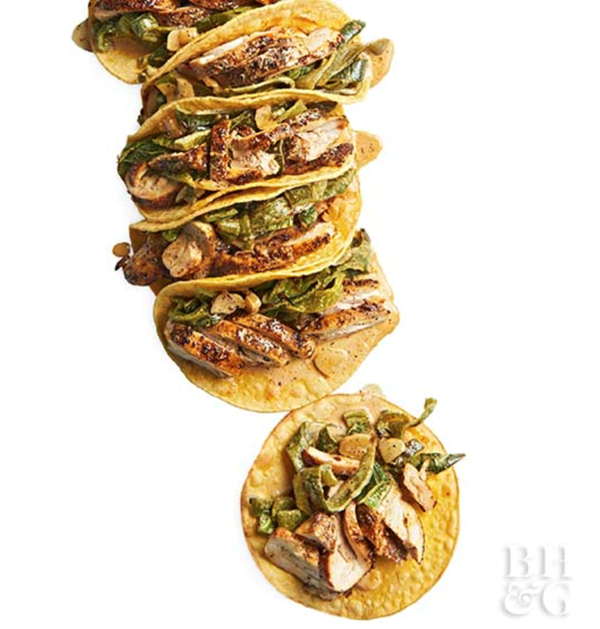 Spice-rubbed chicken and poblano tacos