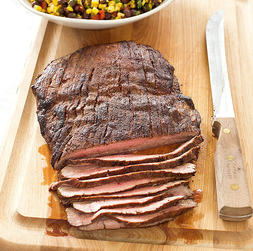 Spice-rubbed flank steak with toasted corn and black bean salsa