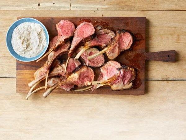 Spice-rubbed lamb rack with yogurt and fresh herbs