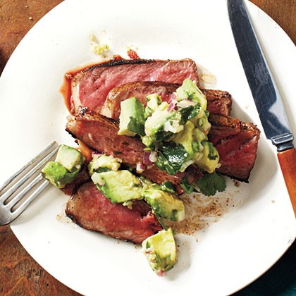 Spice-rubbed New York strip with avocado-lime salsa