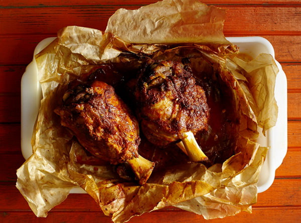 Spice-rubbed pork shanks
