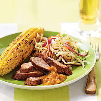 Spice-rubbed pork tenderloin with mustard barbecue sauce