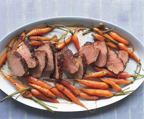 Spice-rubbed pork tenderloin with roasted baby carrots