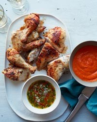 Spice-rubbed roast chicken with two sauces