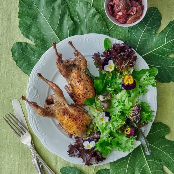 Spice-rubbed roasted quail with fig and rose-petal jam
