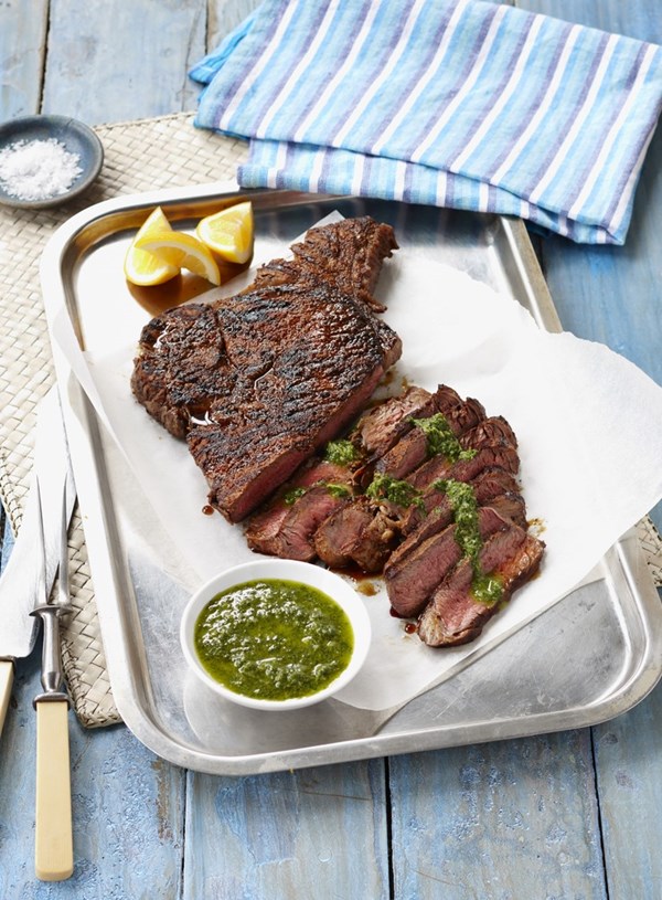 Spice rubbed rump steak with herb and mustard sauce