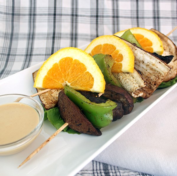 Spice-rubbed vegetable skewers with cashew sauce
