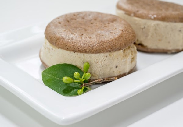 Spicebush ice cream sandwiches on acorn cookies