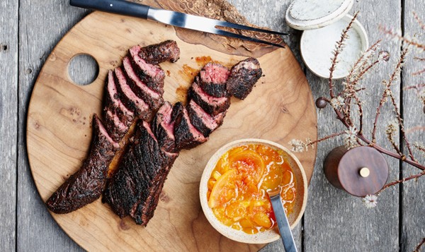 Spiced and grilled steaks with citrus chutney