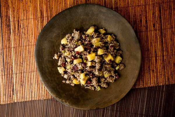 Spiced apple-sausage stuffing with cranberries and brandy