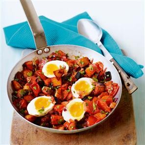 Spiced aubergine and potato hash with soft-boiled eggs