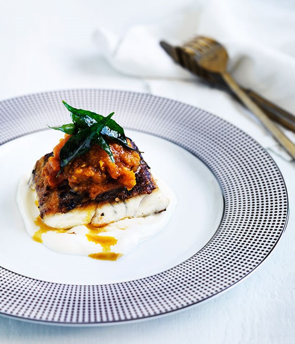 Spiced barramundi with tomato-chilli pickle