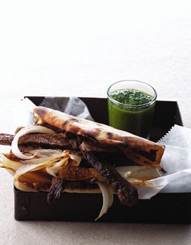 Spiced beef and onion pitas with parsley sauce