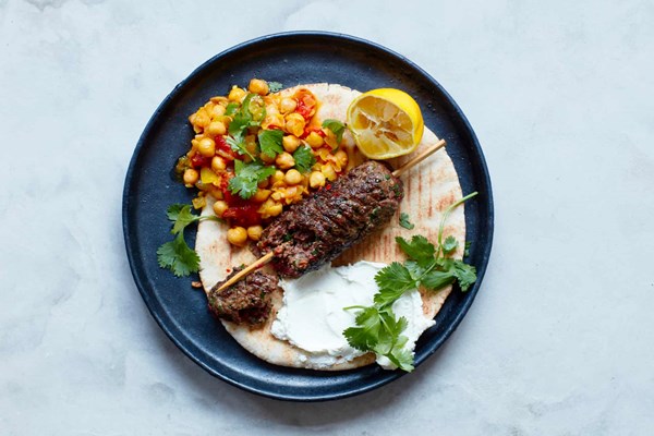 Spiced beef kofte with chickpeas and labneh
