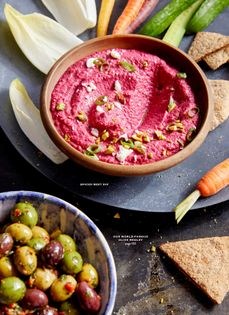 Spiced beet dip with za'atar, goat cheese, and pistachios