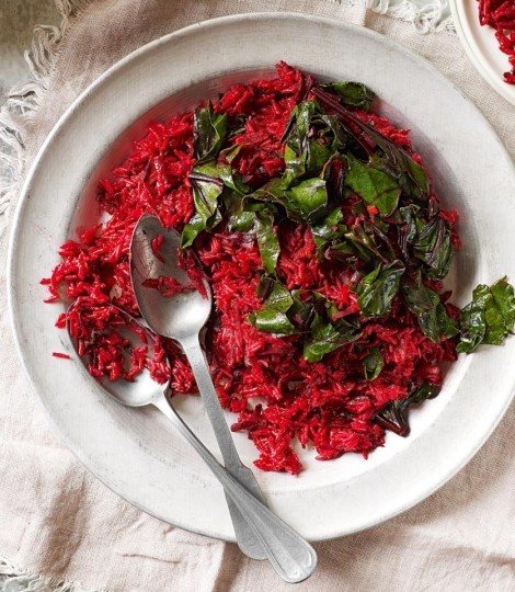 Spiced beetroot rice with lemony beetroot leaves