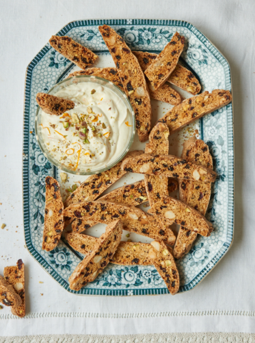 Spiced biscotti with an orange syllabub dip