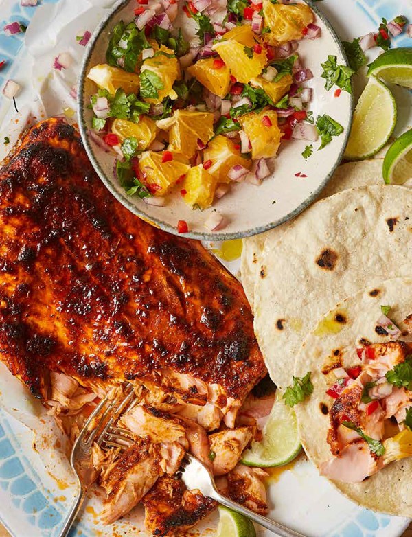 Spiced blackened salmon tacos with orange salsa