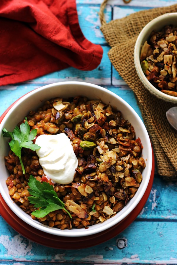 Spiced braised lentils with tomatoes and toasted coconut