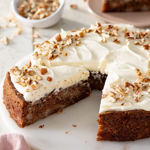 Spiced brown sugar-pear cake with sour cream frosting