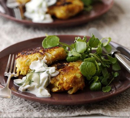 Spiced bubble and squeak cakes with raita