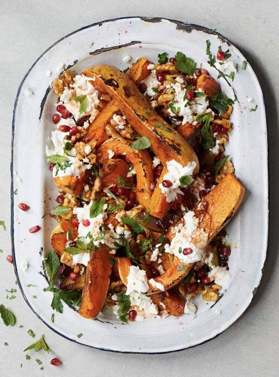 Spiced butternut squash with feta, pomegranate & fresh herbs
