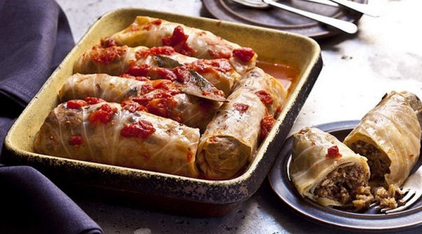Spiced cabbage rolls with pork, porcini, lentils and rice