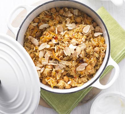 Spiced carrot chickpea & almond pilaf