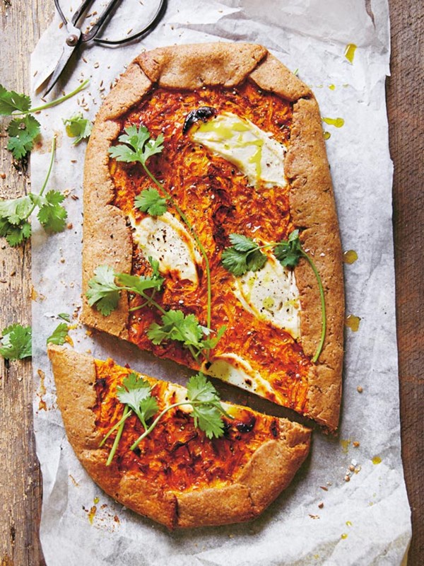 Spiced carrot, egg and labne tart