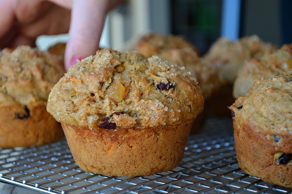 Spiced carrot muffins with dried cranberries and pecans