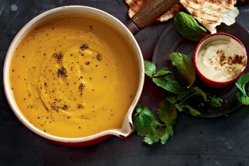 Spiced carrot soup with ginger raita