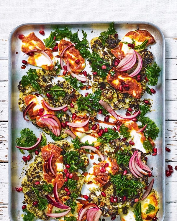 Spiced cauli steaks, grilled halloumi, kale and quick-pickled red onions