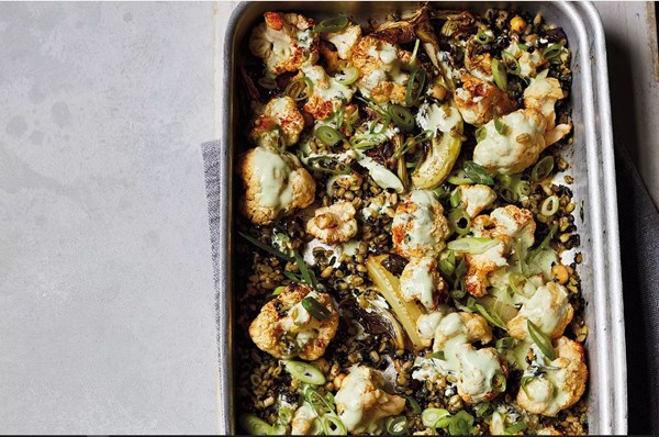 Spiced cauliflower & freekeh bake with tahini dressing