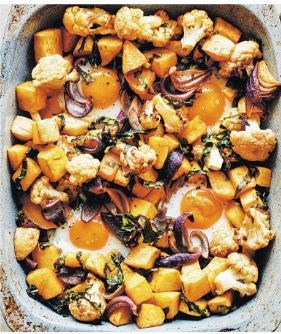 Spiced cauliflower, egg & veg bake with date ketchup