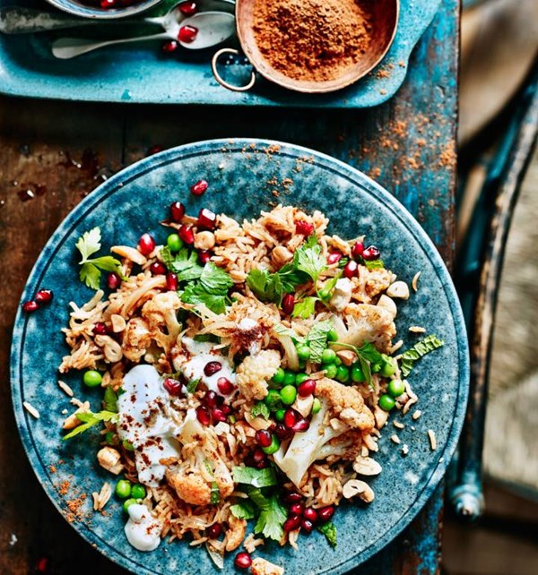 Spiced cauliflower, pea and cashew pilaf