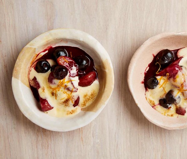 Spiced cherries and pears with sabayon cream