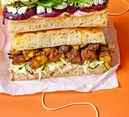 Spiced chicken & onion bhaji sandwich with tamarind mayo