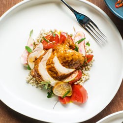 Spiced chicken, buckwheat and pickled tomato salad