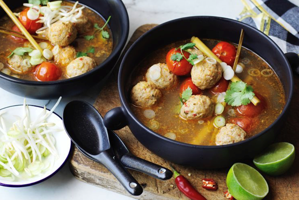 Spiced chicken meatballs in a hot and sour broth