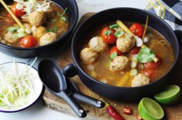 Spiced chicken meatballs in hot and sour broth